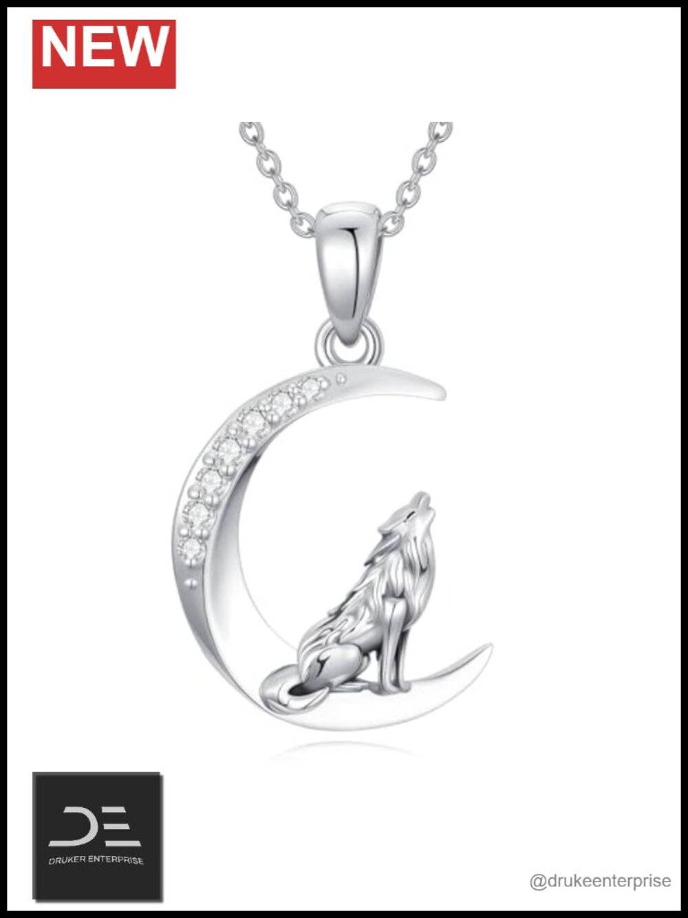 Sterling Silver Wolf Moon Pendant Necklace Lab Grown Diamond